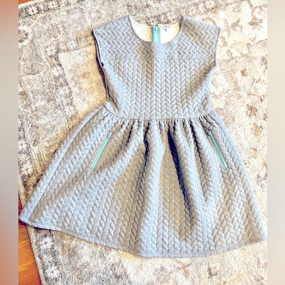Gray soft sweater dress with teal accents